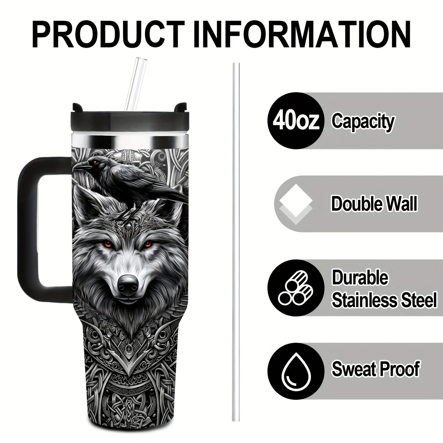 Viking Themed Stainless Steel Insulated Tumbler With Wolf Celtic Knot