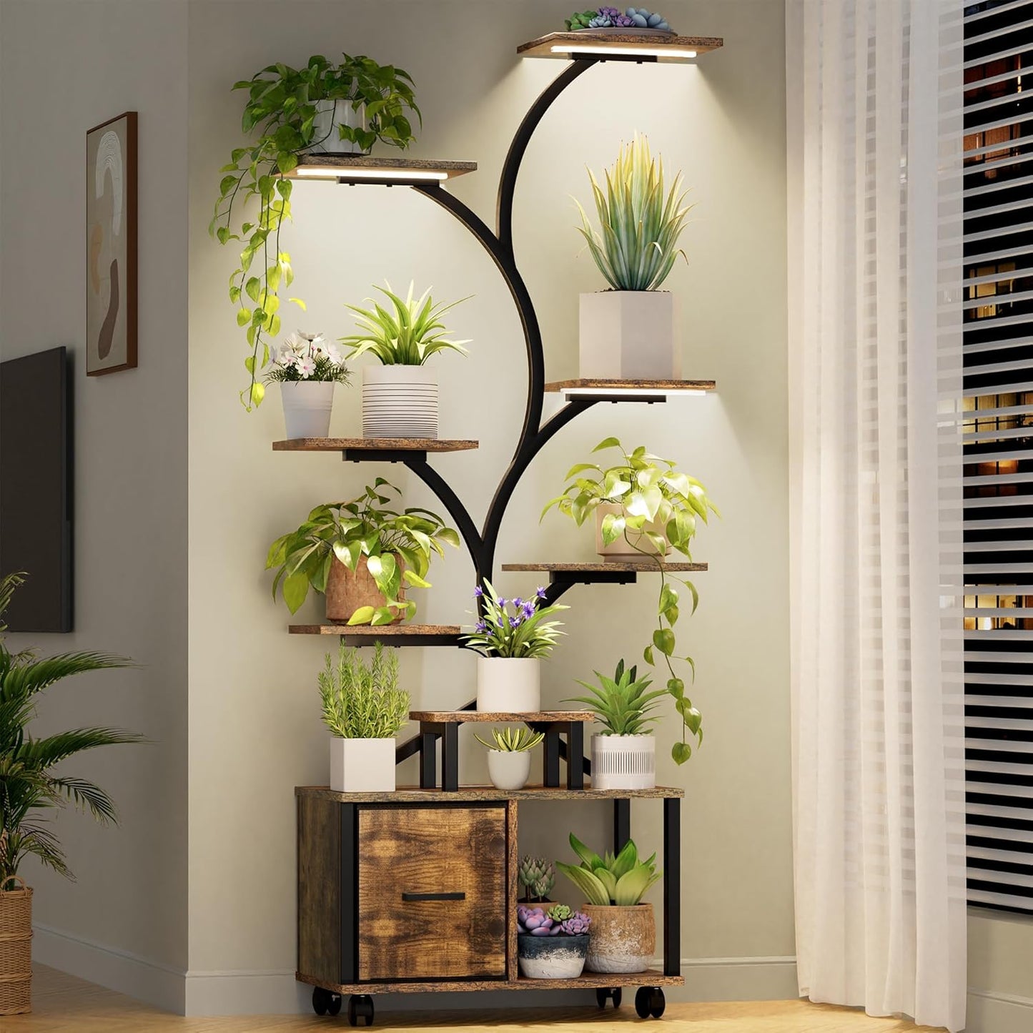 Indoor Plant Stand With Built In Grow Lights And Wheels