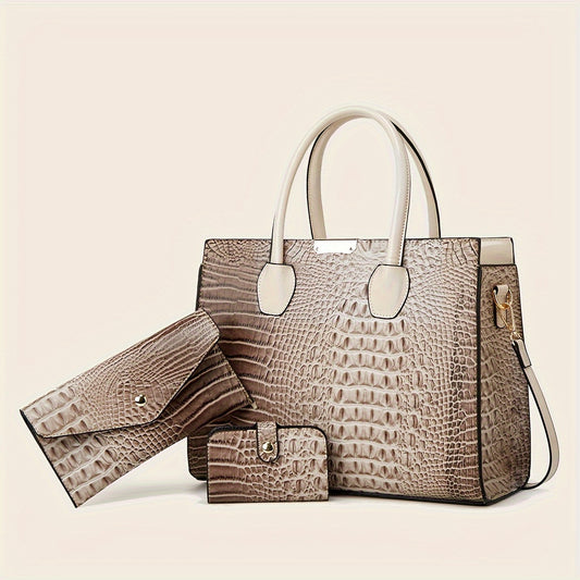 Classic Crocodile Tote Handbag 3pcs Women's Set Large Capacity