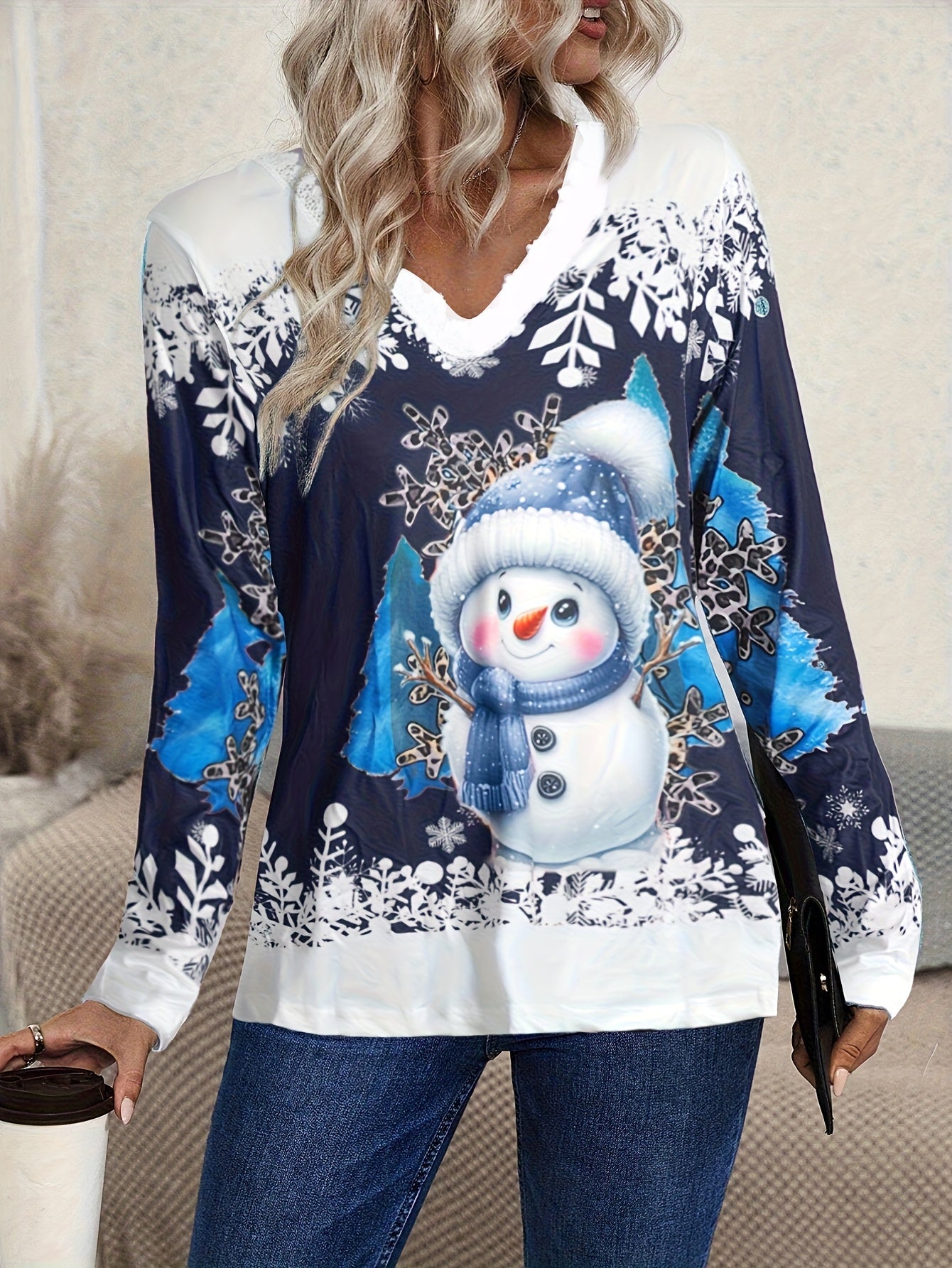 Womens Christmas Snowman 3D Print Long Sleeve Stretch Blend Shirt