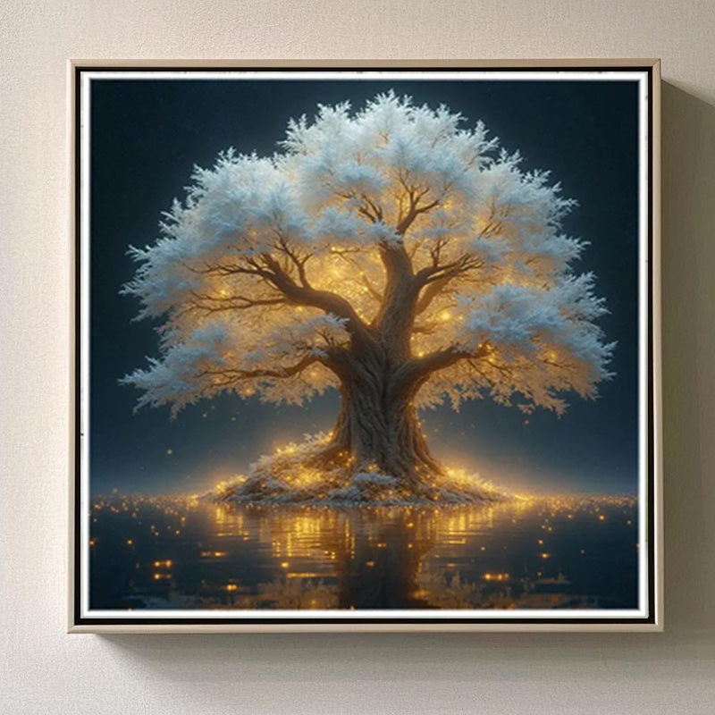 5D Diamond Painting Kit Glowing Tree With Lake Reflection And Stars Round Canvas