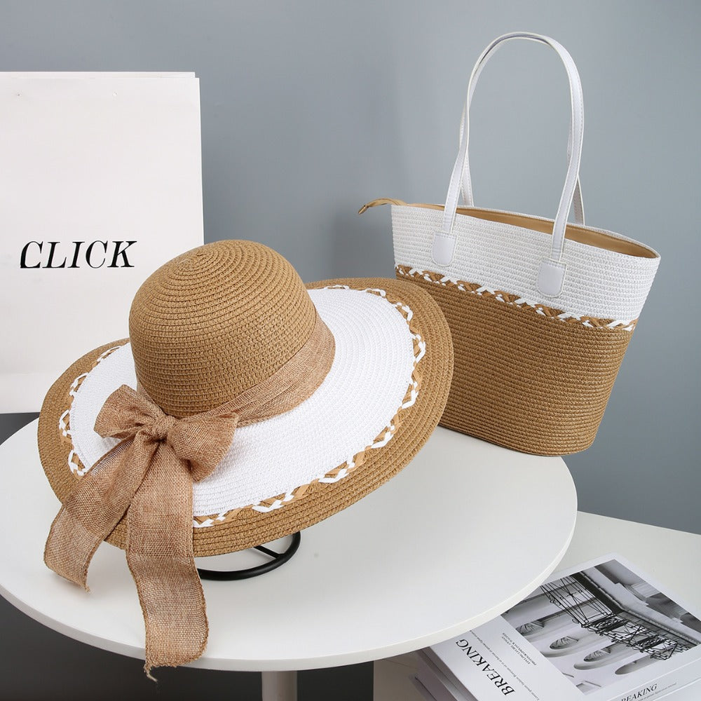 Hand- Straw Hat and Bag Set for Women, Beach Vacation Sun Hat Visor Hat