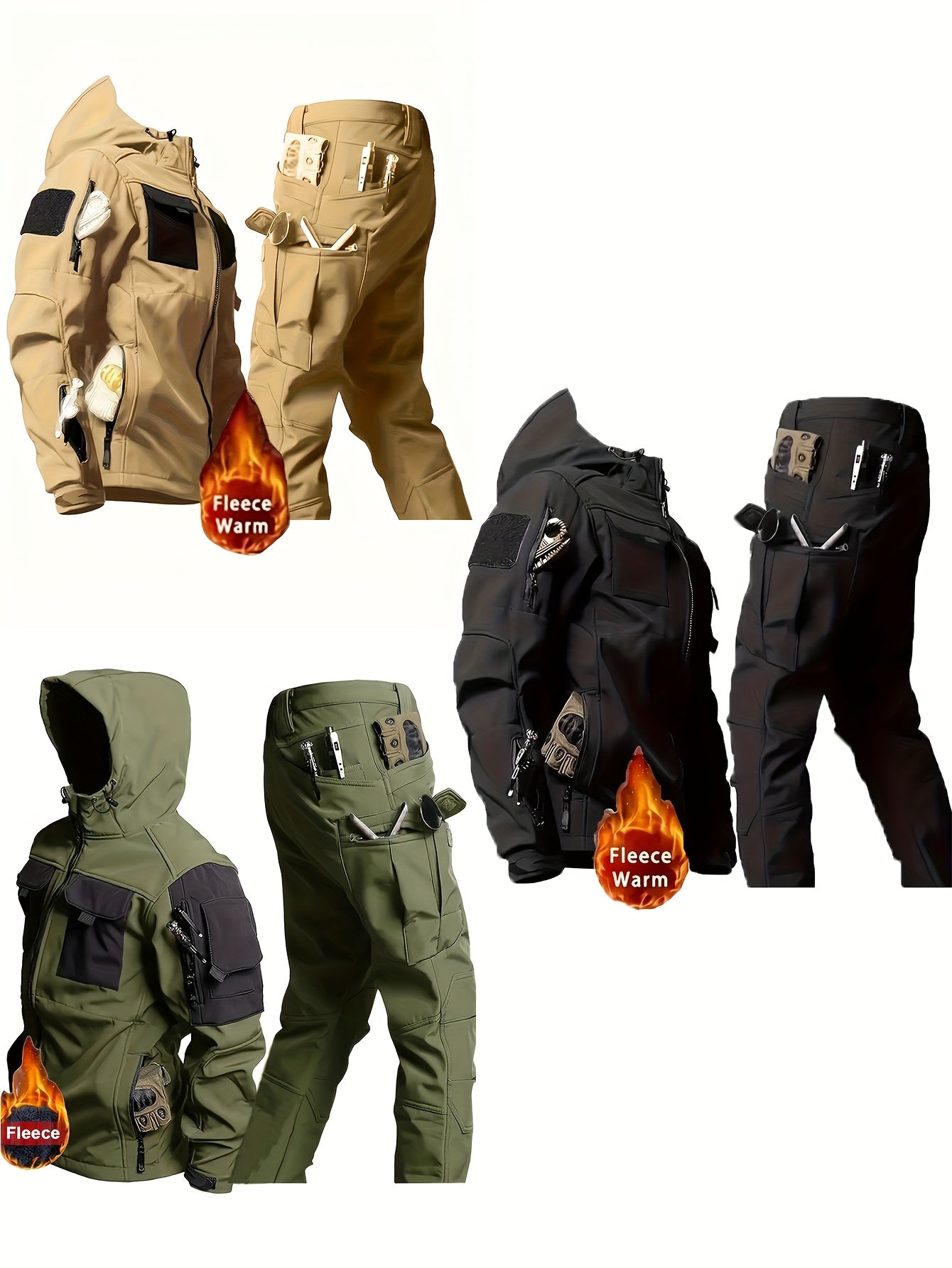 Mens Windproof Lined Hooded Jacket And Pants Set Outdoors