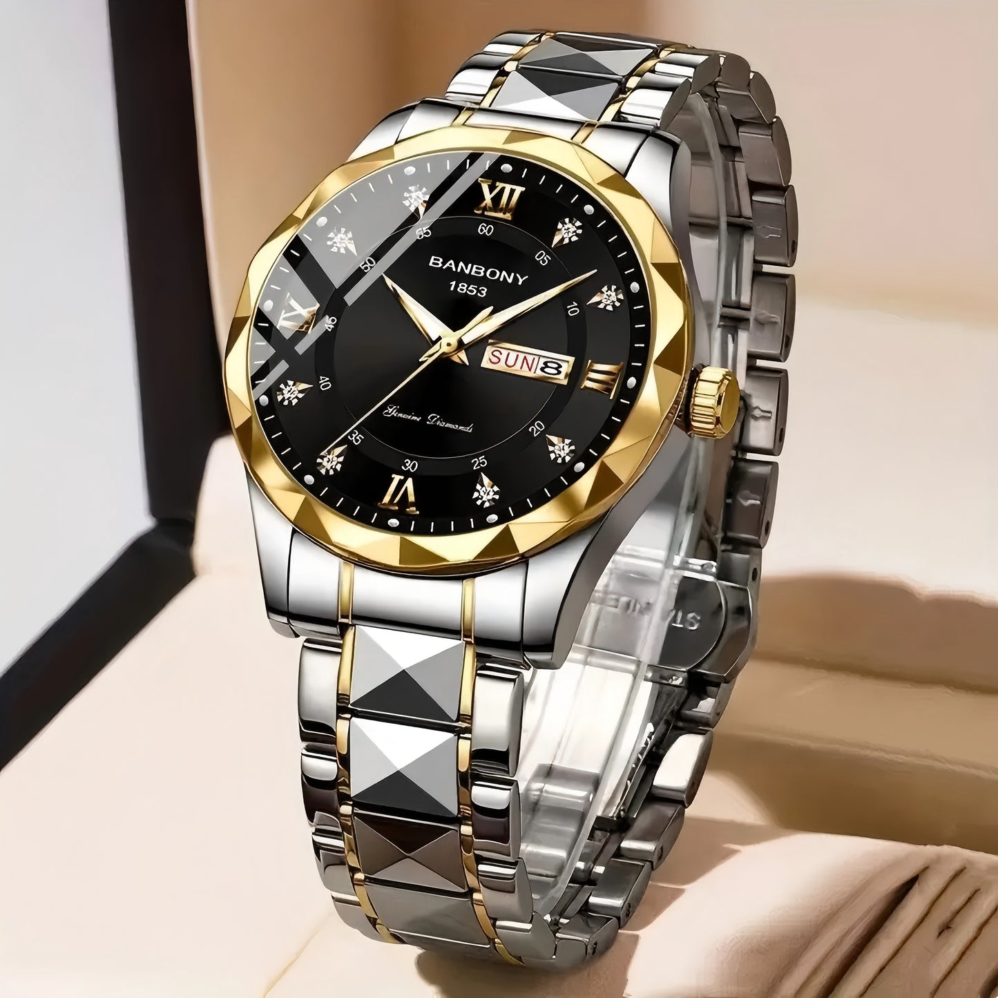 BANBONY Stainless Steel Strap Multifunctional Watch Roman Numerals Rhinestones