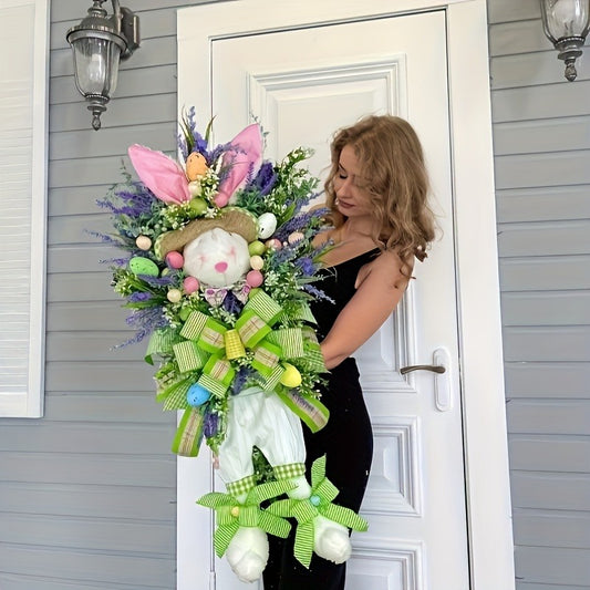 1pc Rabbit-Shaped Wreath - Vintage-Style Spring Door Hanging Decoration with Pastel Pink & White Bunny, Green Foliage & Bow - Durable Plastic All-Season / Door Wreath for Easter, Mother’s Day & Year-Round