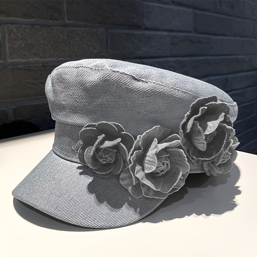 BODERI Women'S Denim Beret with Blue Roses - Lightweight, Elastic Fit for Outdoor Activities, Parties, and Casual Attire, Casual Headwear | Floral Embellished Beret | Texture Beret