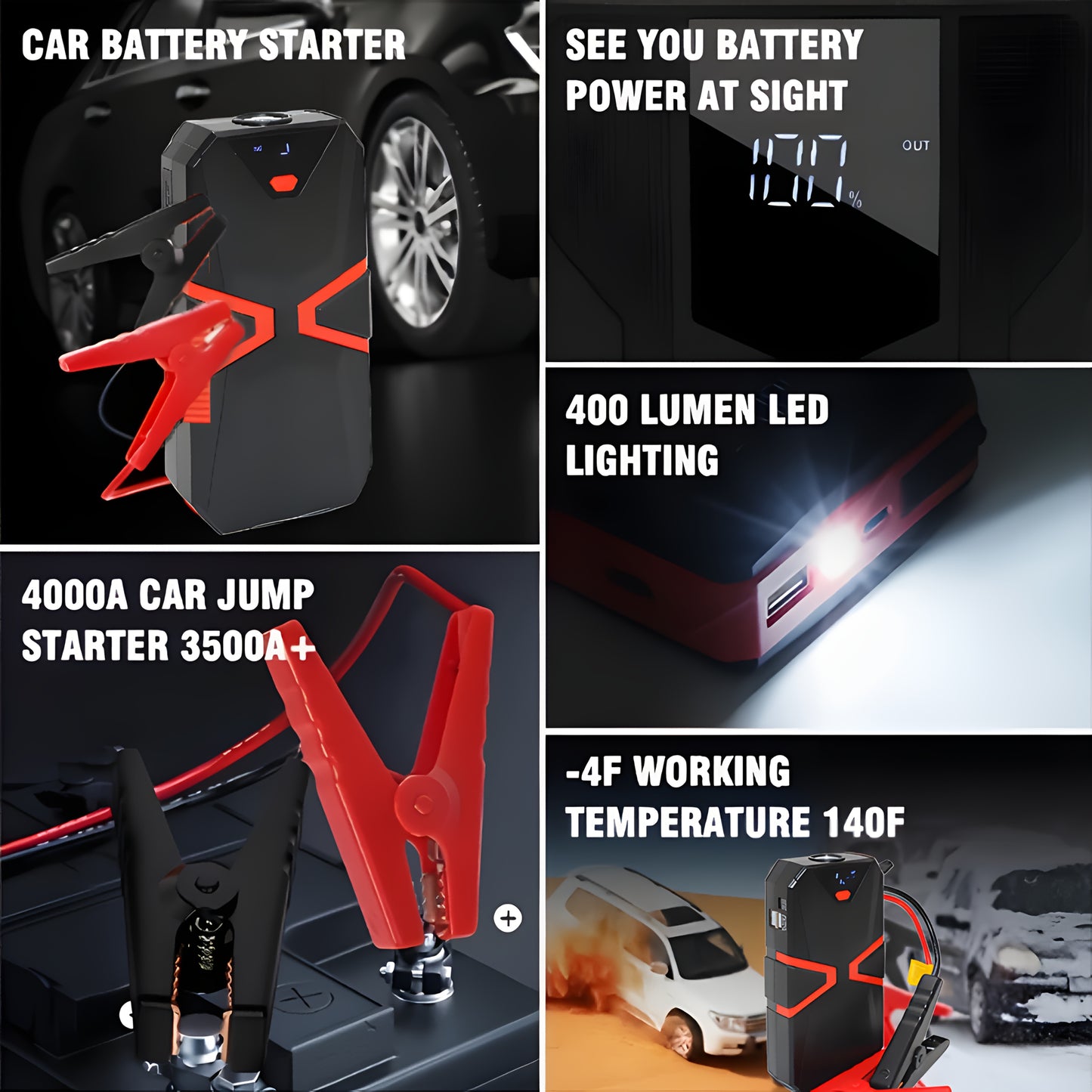 5-in-1/9IN1 Portable Car Battery Jump Starter With Tire Inflator 12V Fast Start, Battery Boost, USB I/O, LED Emergency Light, Reliable Power, Roadside/Vehicle Emergency Tools 3000A Portable Wireless Car Jump Starter Battery J