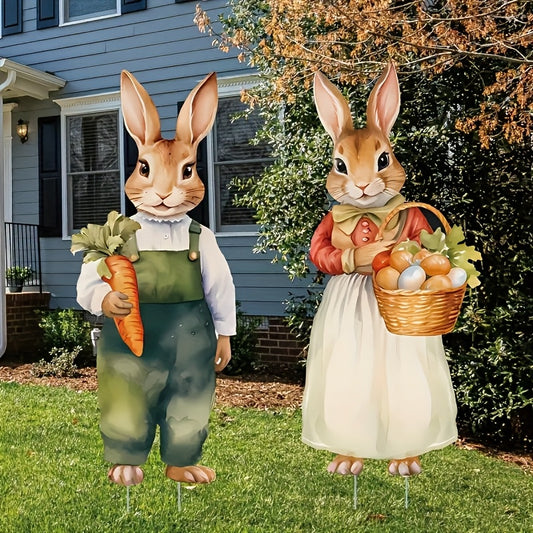 2pcs Easter Outdoor Decor Set - Large Vintage Bunny And Carrot Egg Stakes, Farmhouse Style Spring And Summer Celebration Lawn And Garden Decorations, Yard Signs, Party Decorations