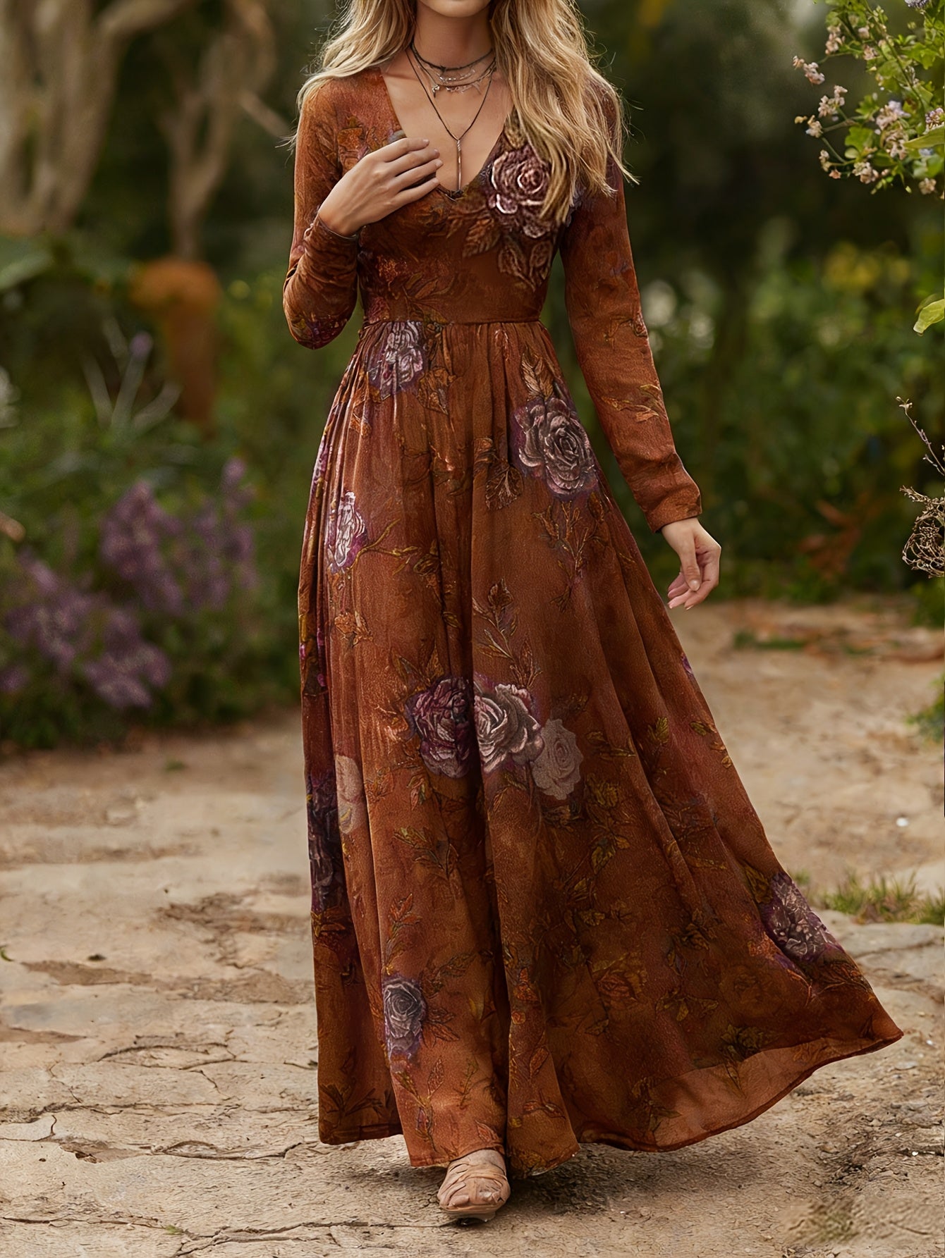 CIUM Elegant Flower Print Maxi Dress Long Sleeve V Neck
