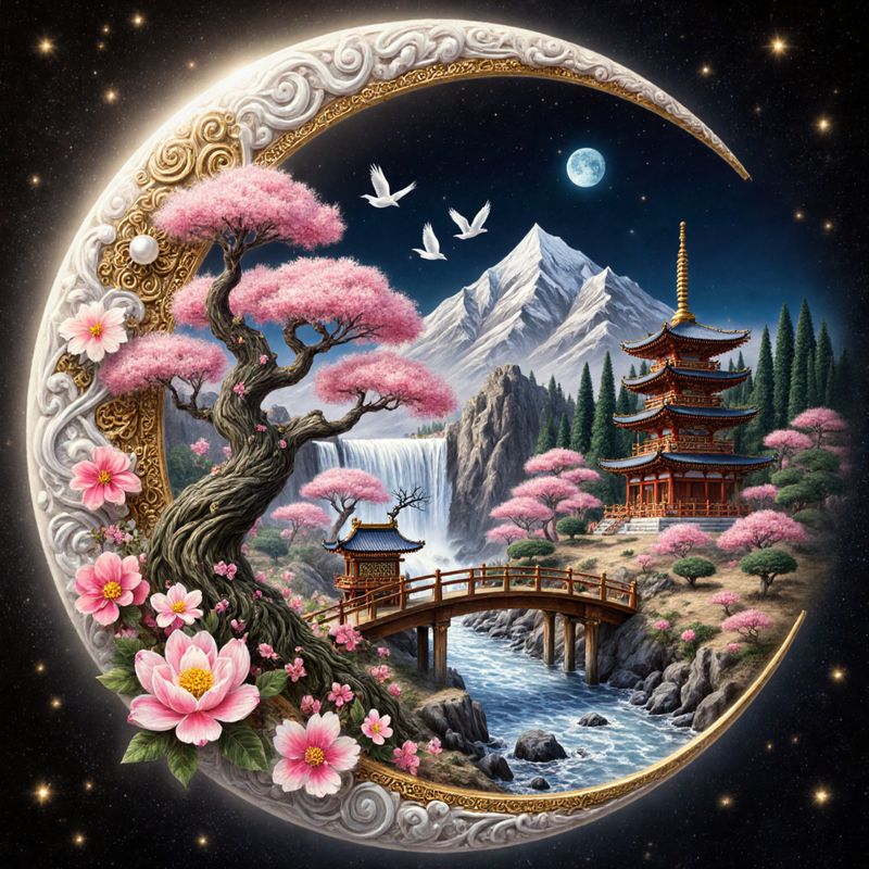 Dreamy Crescent Starry Night Diamond Painting With Scrollwork Frame