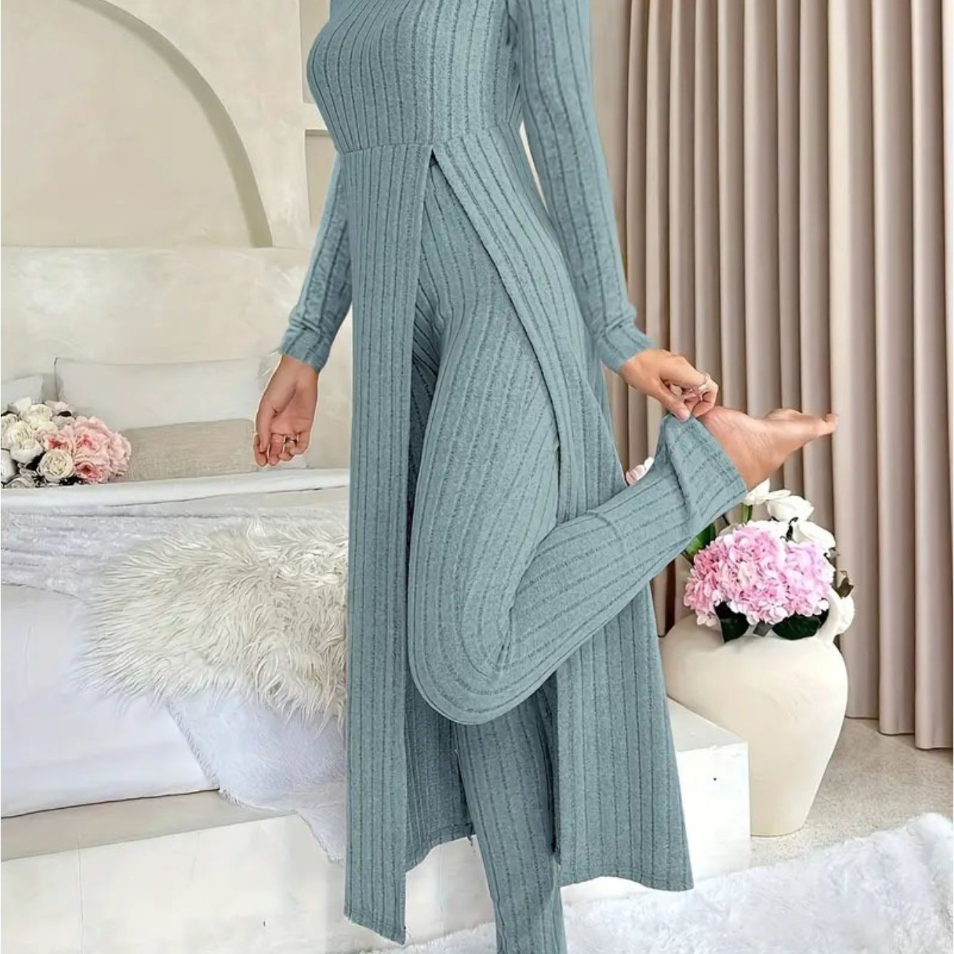 MORA QUIET Womens Fleece Two Piece Set Lounge Outfit With Wide Leg Pants