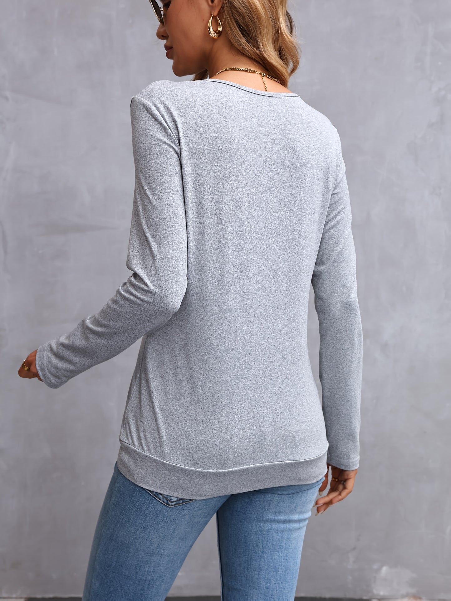 100% Polyester Elegant Long Sleeve V-Neck T-Shirt Solid Color Button Detail Regular Length