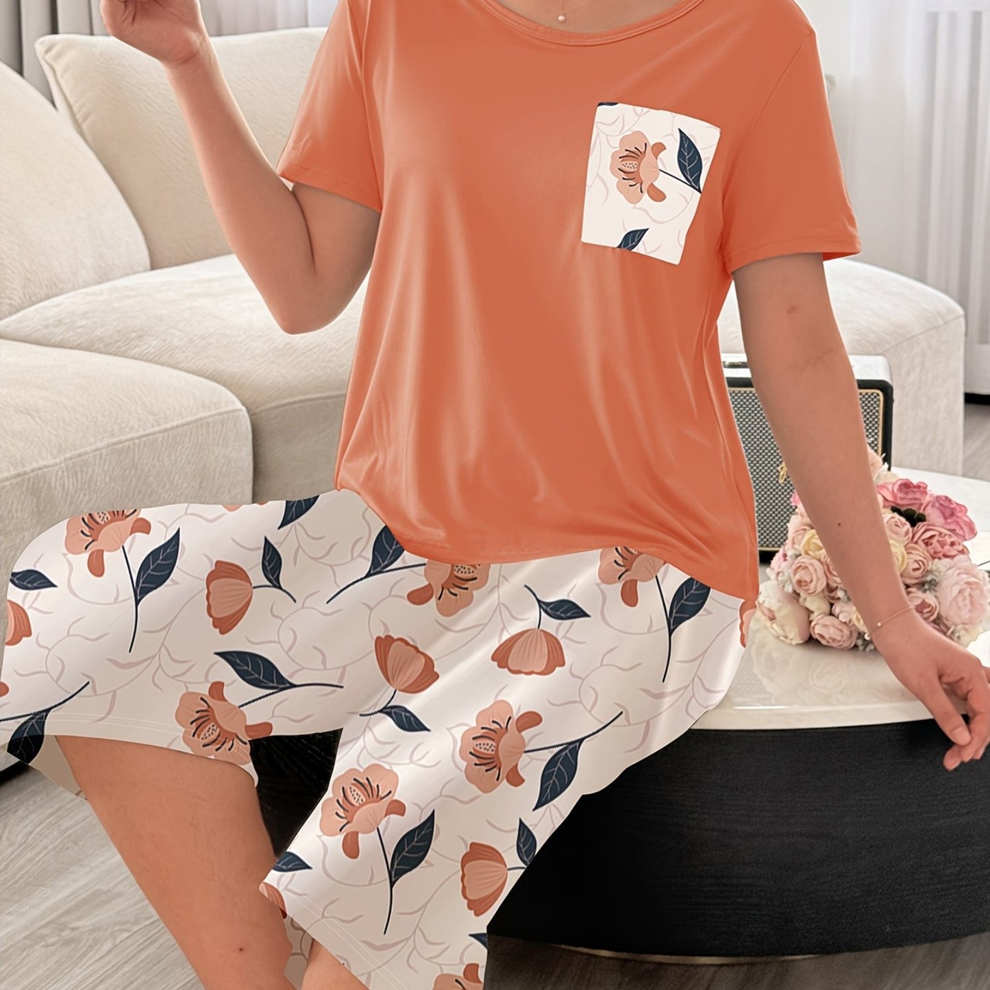 Chic Casual 3/4 Sleeve Floral Pajama Set for Women Plus Size