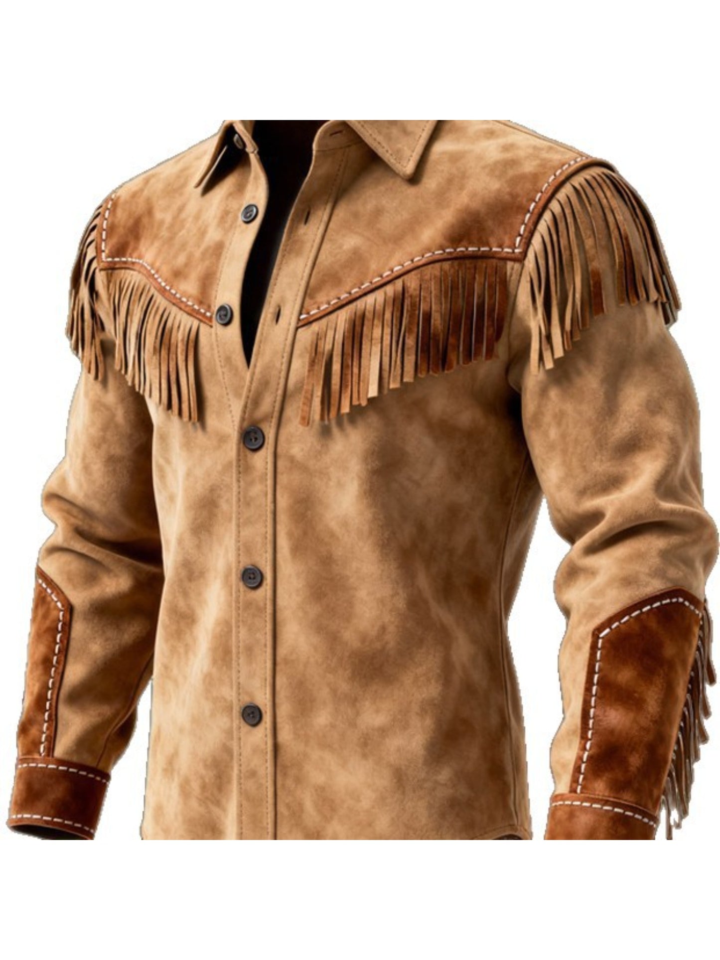 Men's Retro Brown Shirt Jacket With Fringe And Western Style