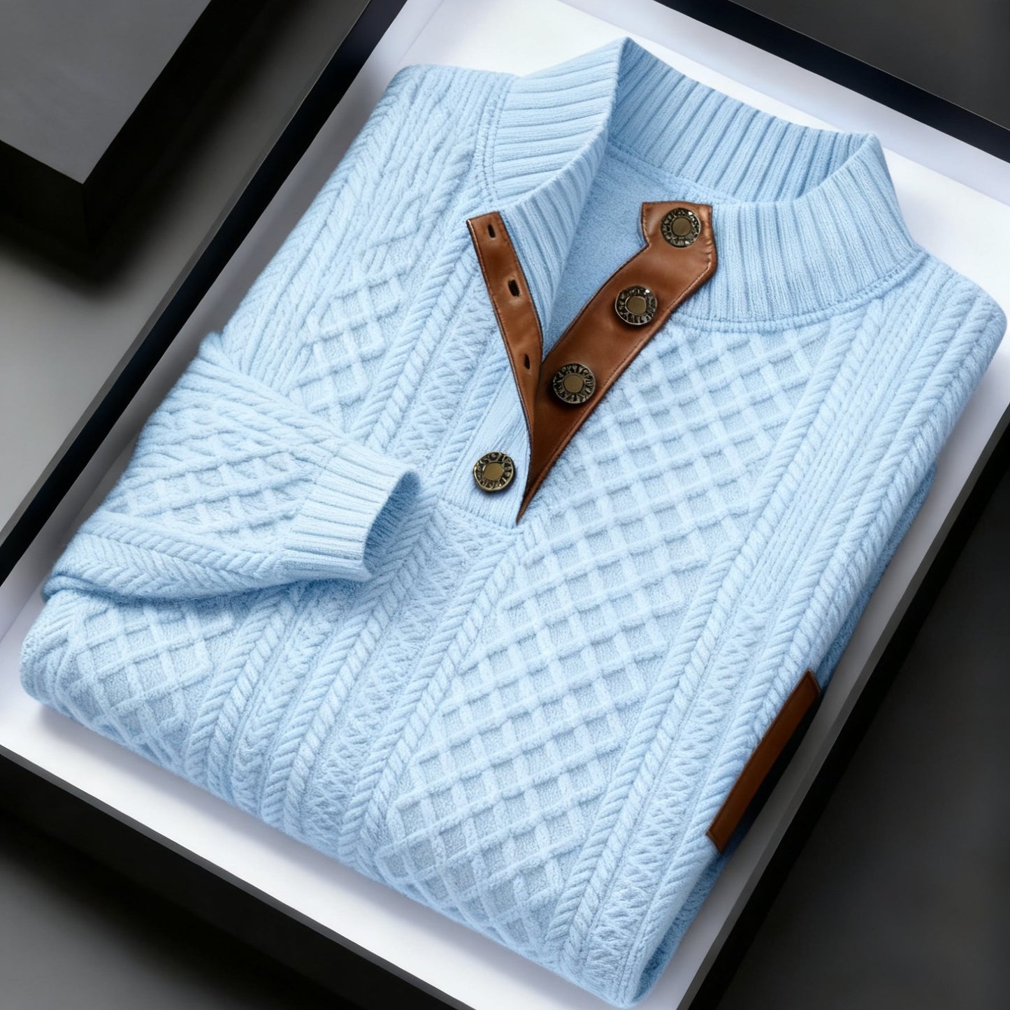 Men Jacquard Knit Stand Collar Sweater With Button Closure
