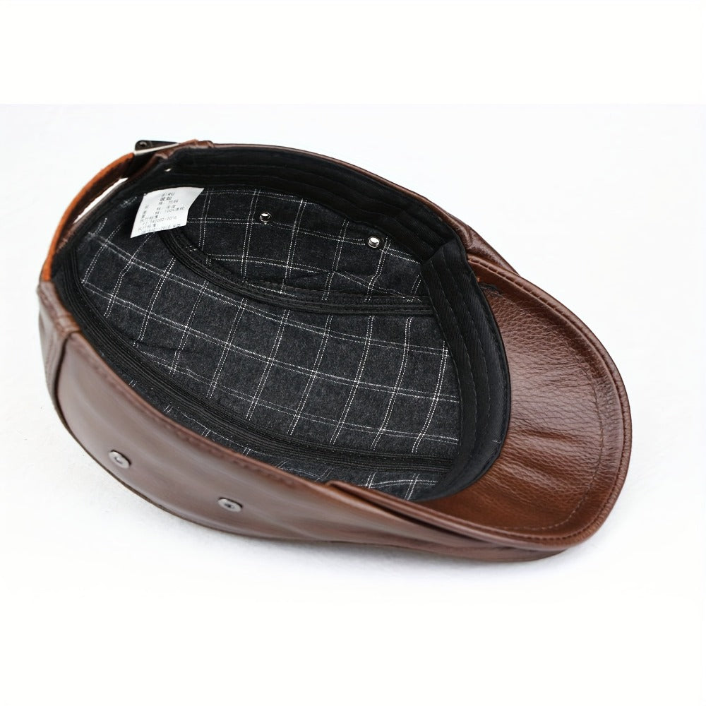 Mens Newsboy Cap Cowhide Leather Handwashable Outdoor Hat Hunting