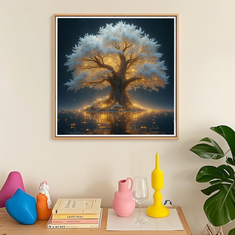 5D Diamond Painting Kit Glowing Tree With Lake Reflection And Stars Round Canvas