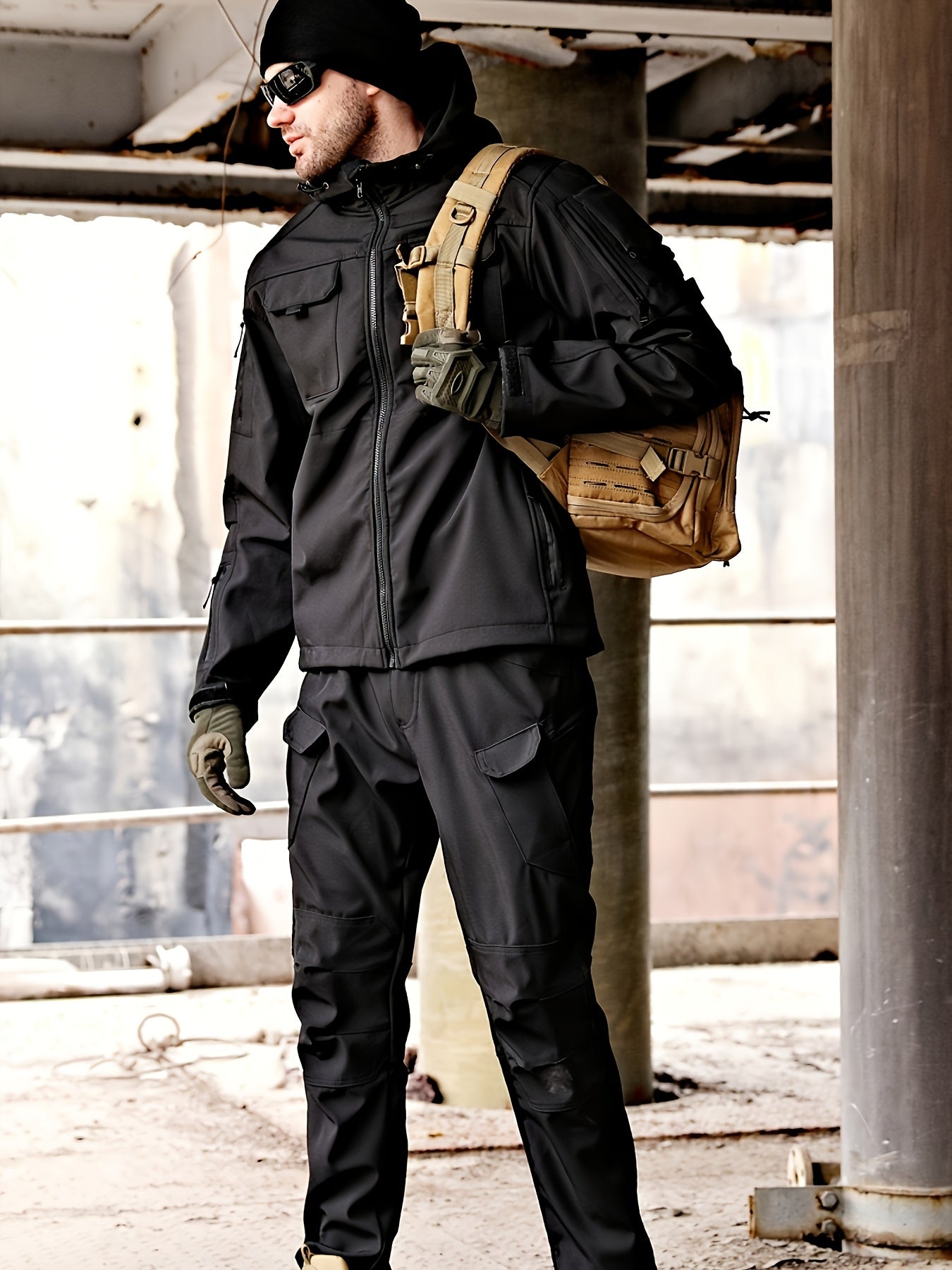 Mens Windproof Lined Hooded Jacket And Pants Set Outdoors