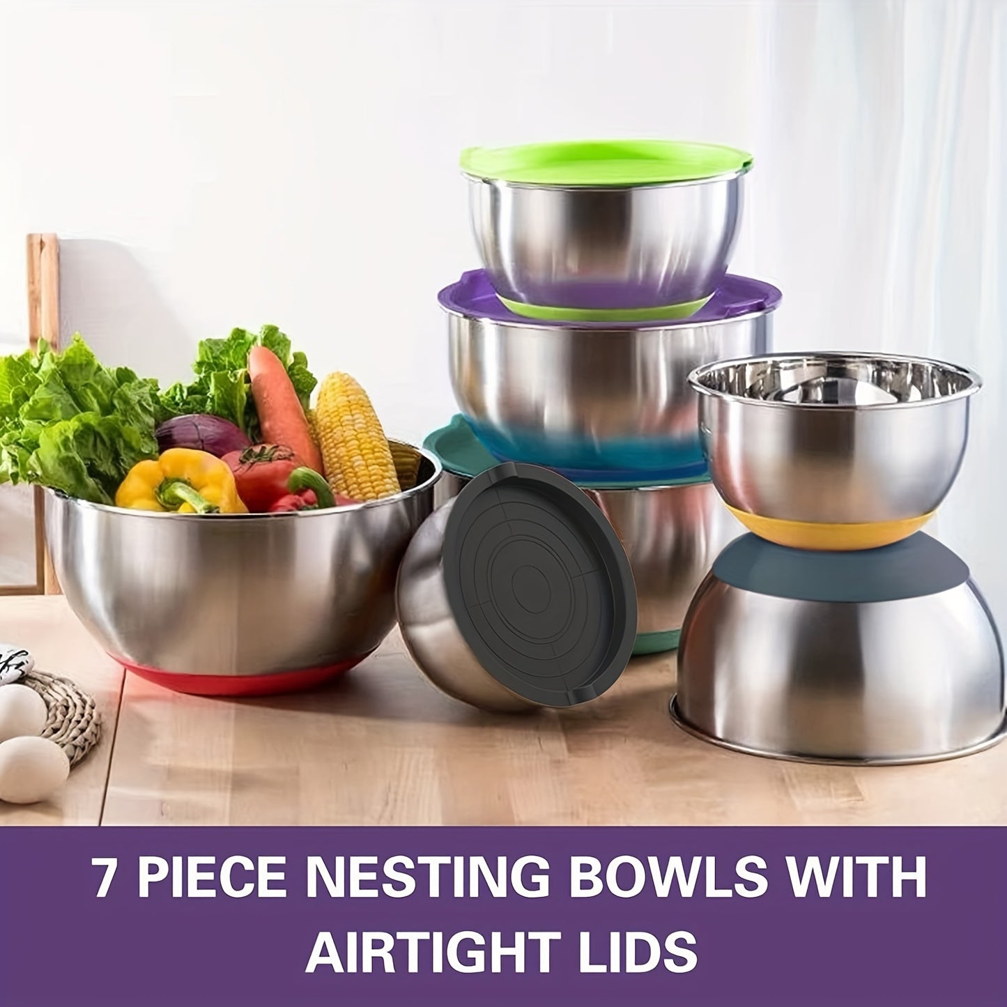 SKROAM Nesting Stainless Steel Mixing Bowl Set With Airtight Lids