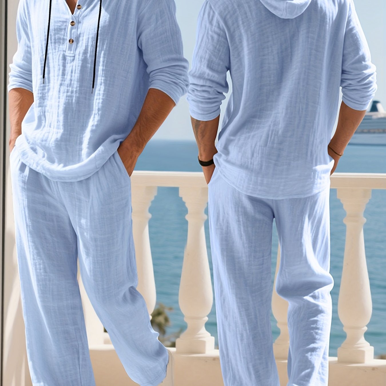 Mens Hooded Henley Shirt And Pants Set American Style Casual