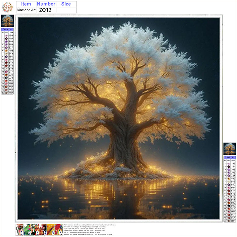 5D Diamond Painting Kit Glowing Tree With Lake Reflection And Stars Round Canvas
