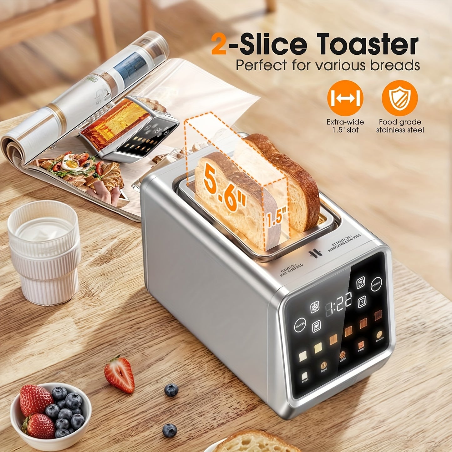 2 Slice Touch Screen Toaster Stainless Steel With Memory