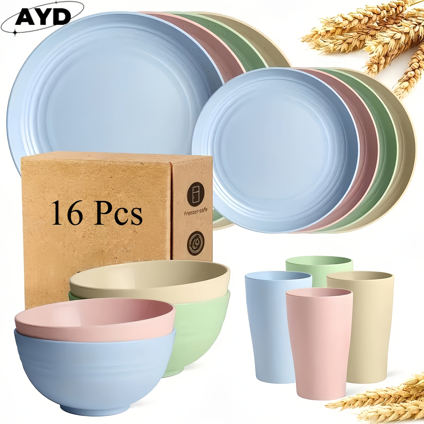 AYD Wheat Straw Dinnerware Set Service For 8 Dishwasher Safe