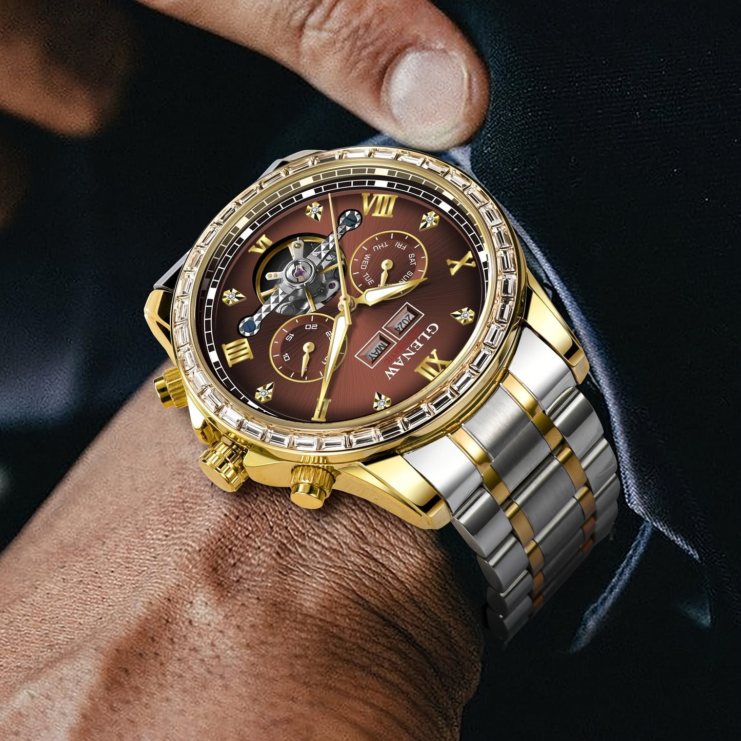 GLENAW Men's Luxury Automatic Mechanical Skeleton Watch With Date Display