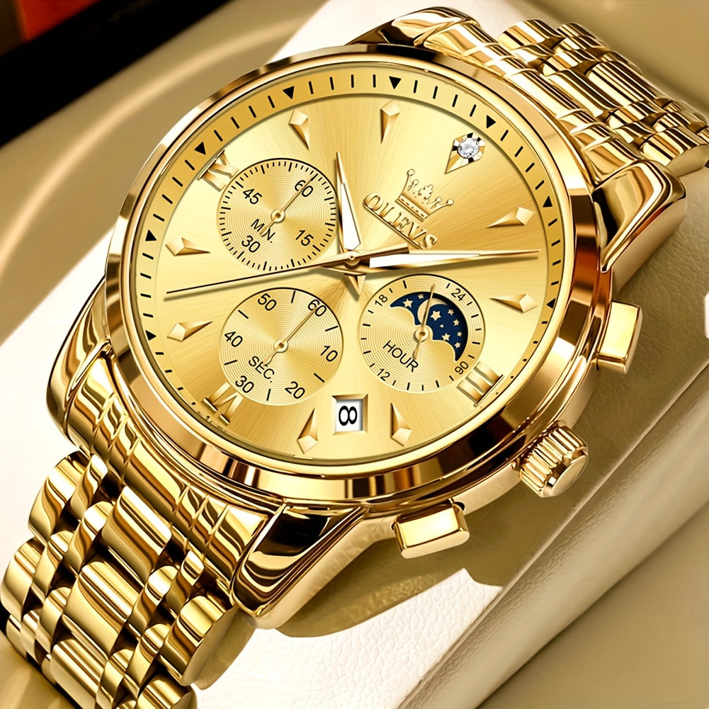 OLEVS Men's Luxury Quartz Chronograph Moon Phase Stainless Steel Watch