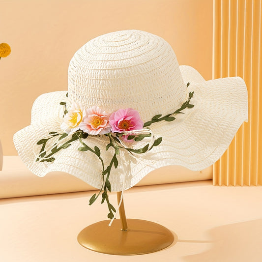 1 Women's fabric flower and leaf decorated wavy straw hat, sweet pastoral style suitable for s, Women's outdoor vacation, wedding season, summer gift, beach play