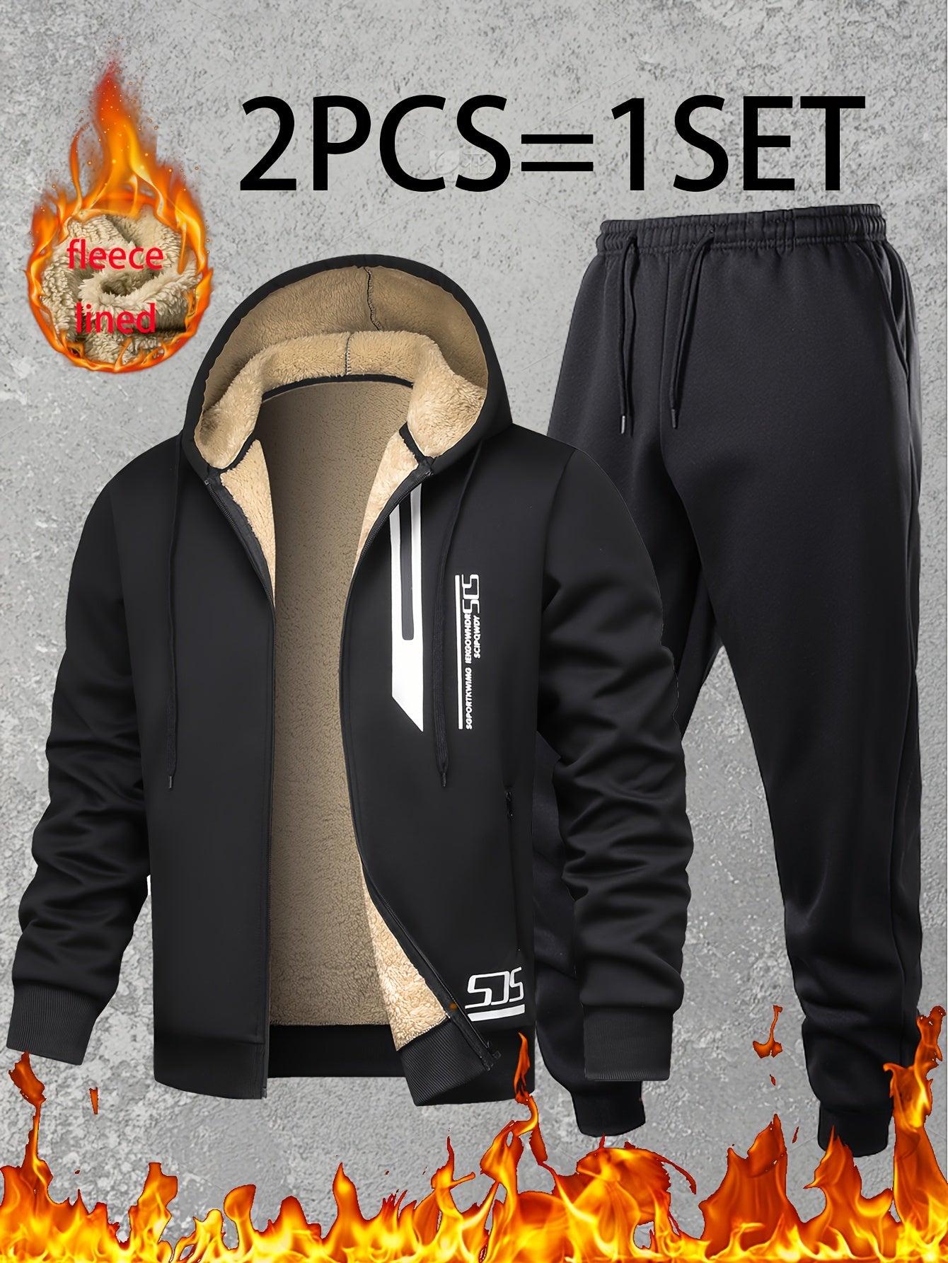 Men Thermal Fleece Jacket Set 2 Piece Full Zip Hooded Jacket And Jogger Pants