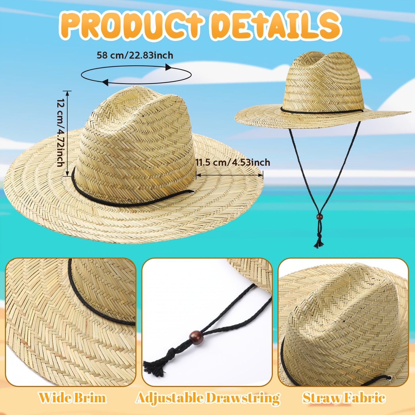6pcs Men's Straw Sun Hat Wide Brim Summer Beach Hat Yellow