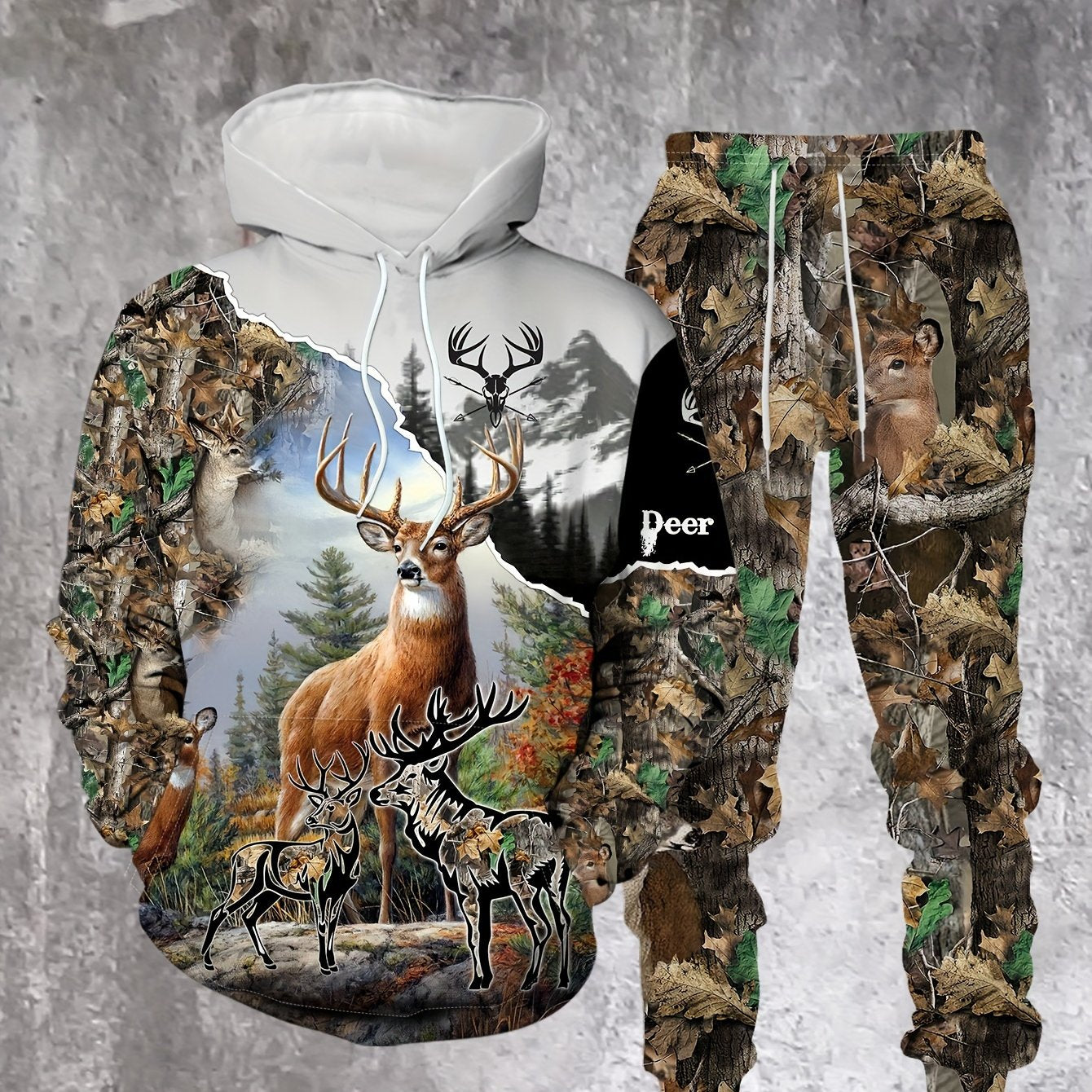 Men's Casual Hoodie And Pants Set With Forest Themed Prints