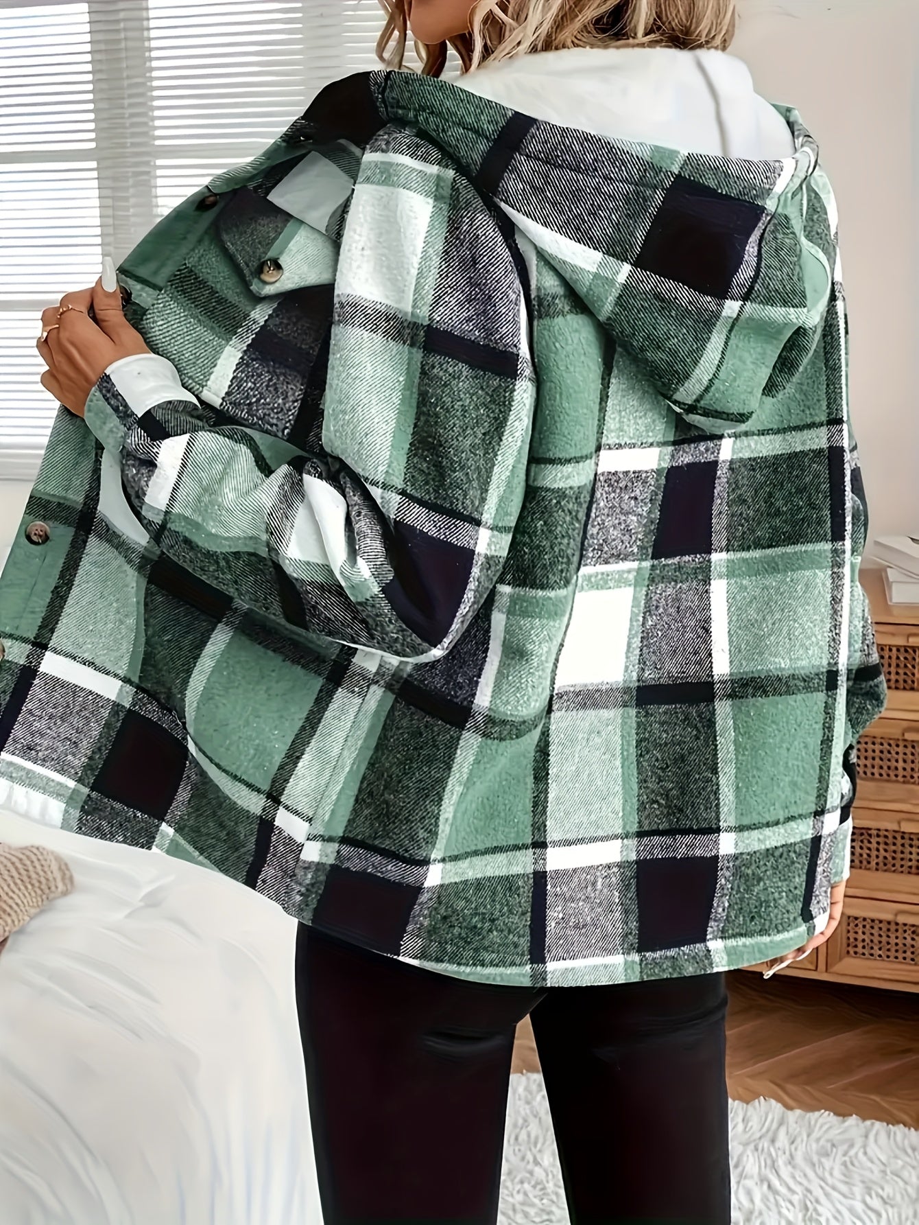 WCQ Women's Hooded Lined Retro Plaid Jacket Loose Fit Coat