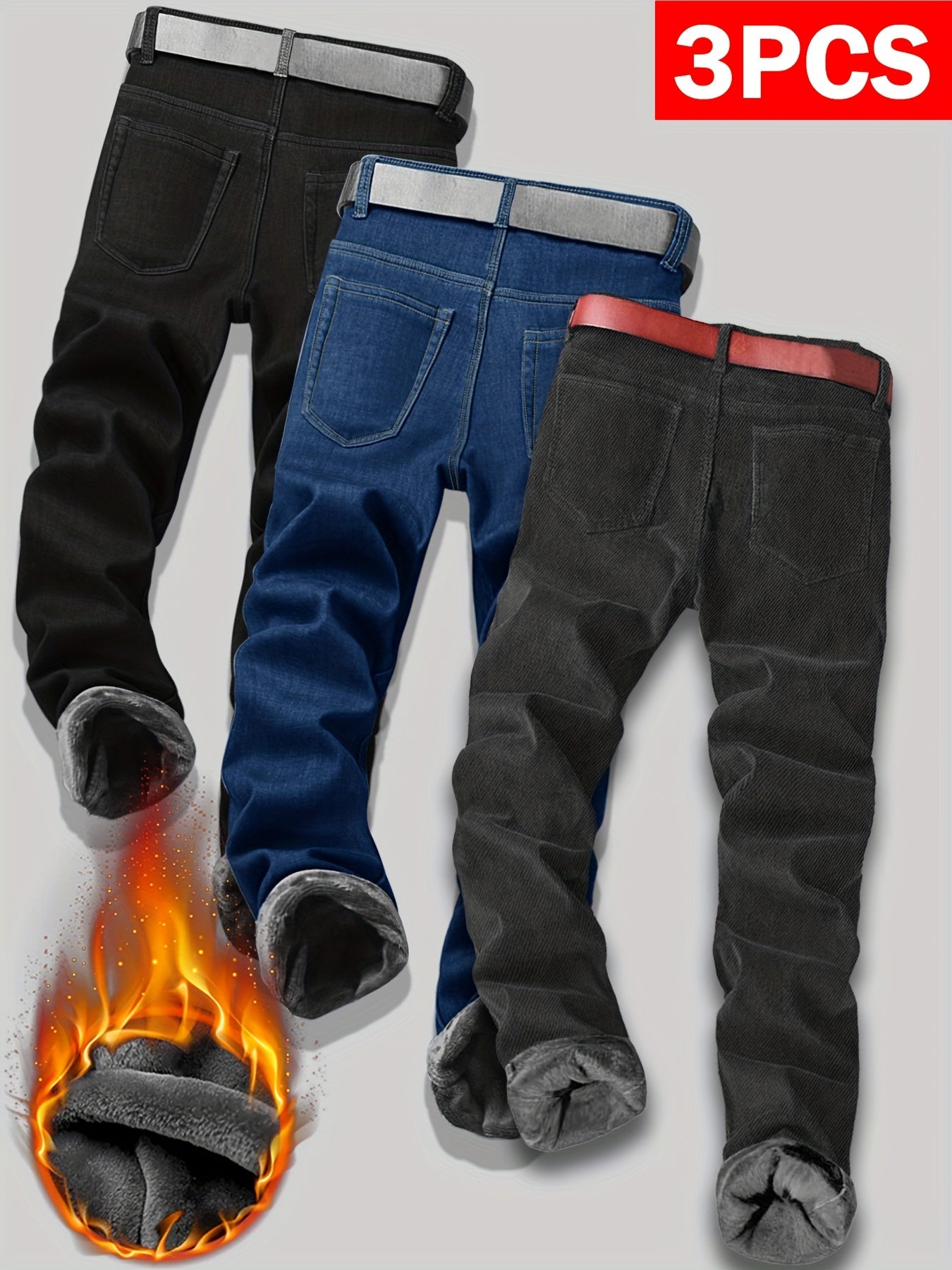 Men's Fleece-Lined Thermal Jeans Slim Fit For Winter Warmth