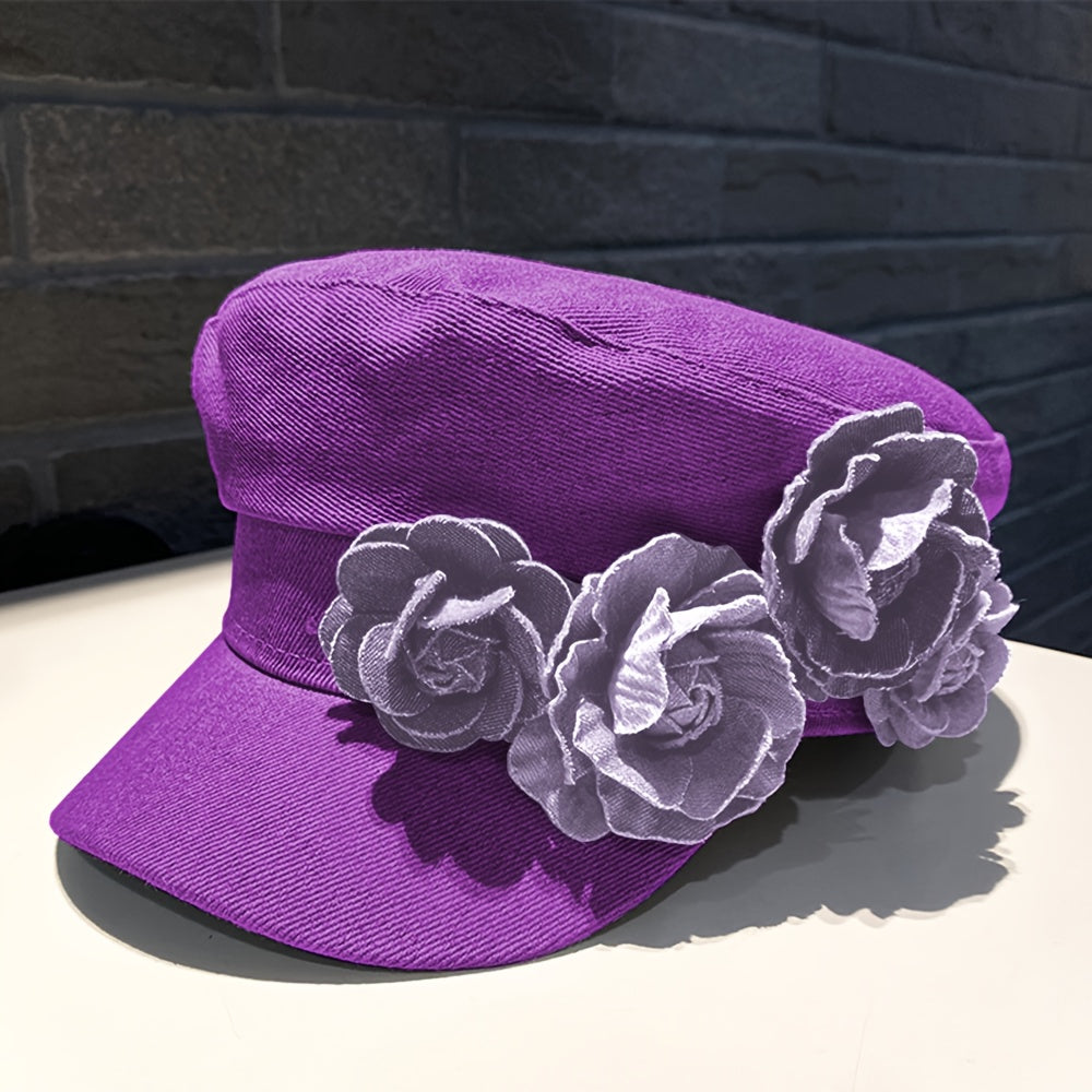 BODERI Women'S Denim Beret with Blue Roses - Lightweight, Elastic Fit for Outdoor Activities, Parties, and Casual Attire, Casual Headwear | Floral Embellished Beret | Texture Beret
