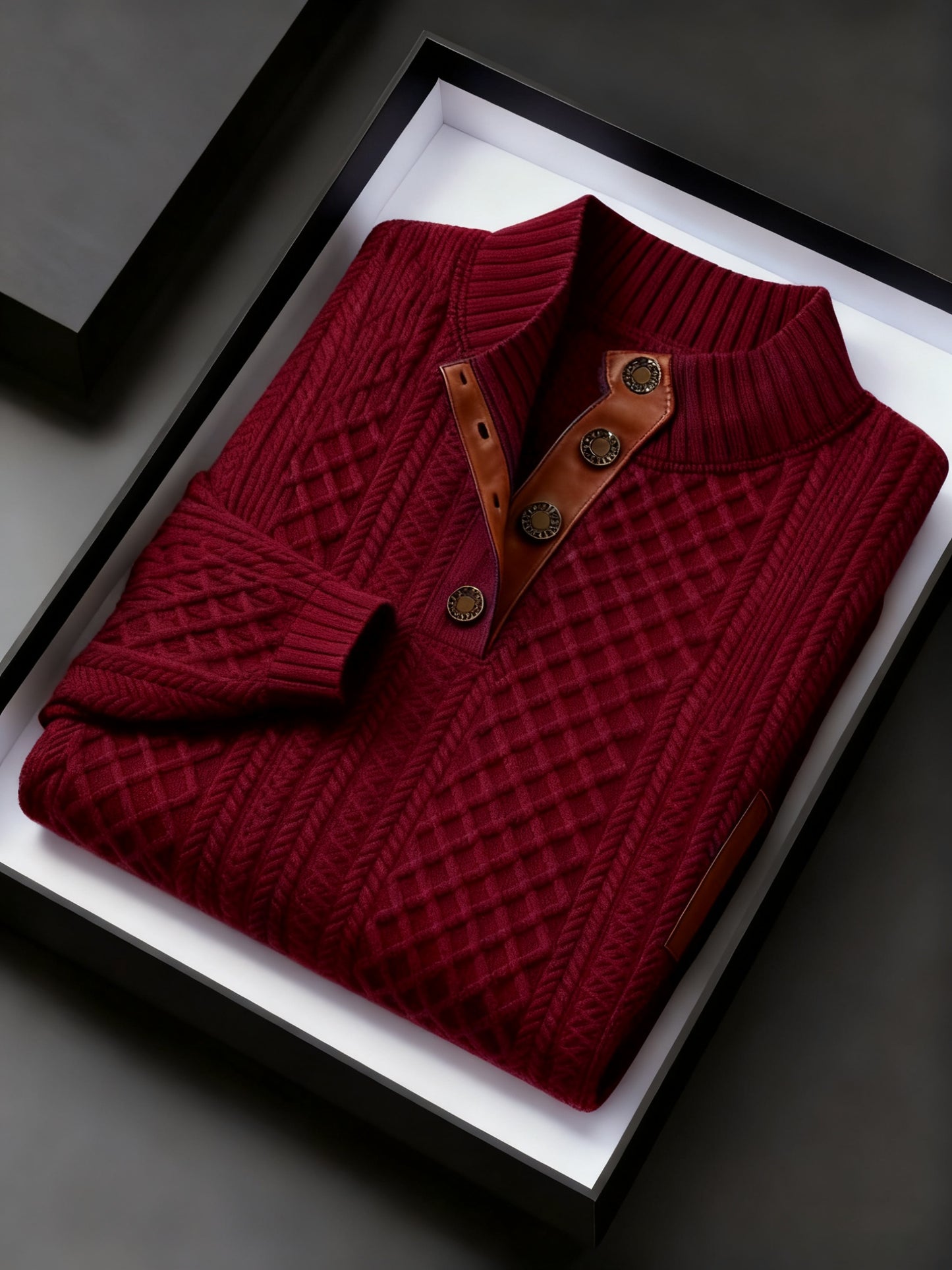 Men Jacquard Knit Stand Collar Sweater With Button Closure