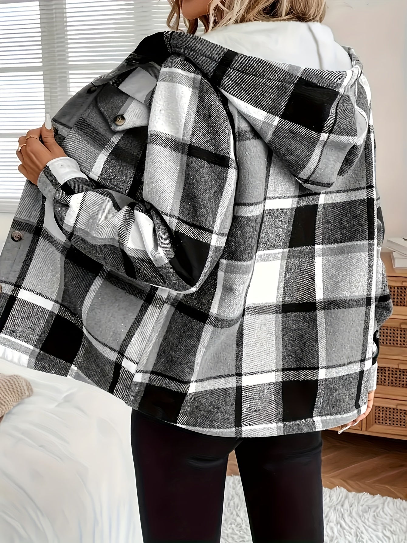 WCQ Women's Hooded Lined Retro Plaid Jacket Loose Fit Coat
