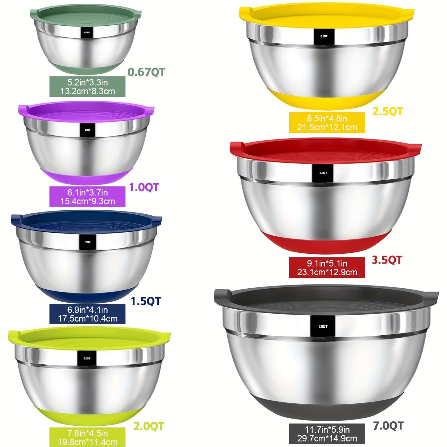 SKROAM Nesting Stainless Steel Mixing Bowl Set With Airtight Lids