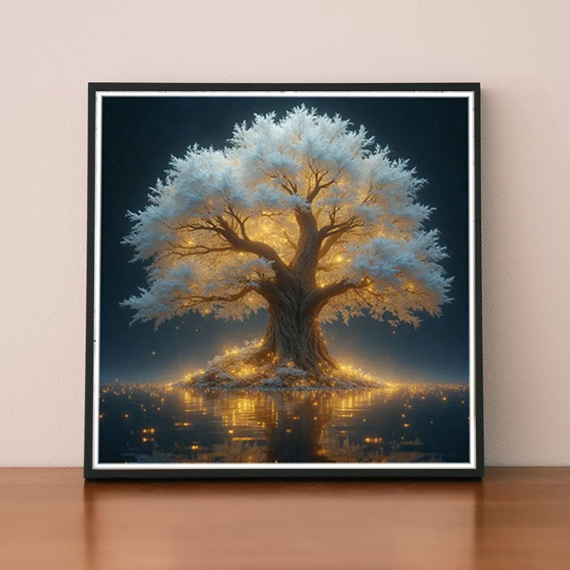 5D Diamond Painting Kit Glowing Tree With Lake Reflection And Stars Round Canvas