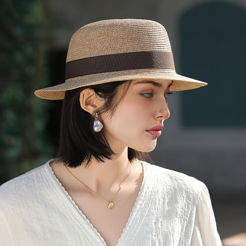 Franville Women's Wide Brim Sun Hat- French Style Straw Beach Hat with Navy Ribbon, Breathable Natural Material for Summer, Vacation, Beach& Daily Wear ( 50+, Adjustable Chin Strap)"