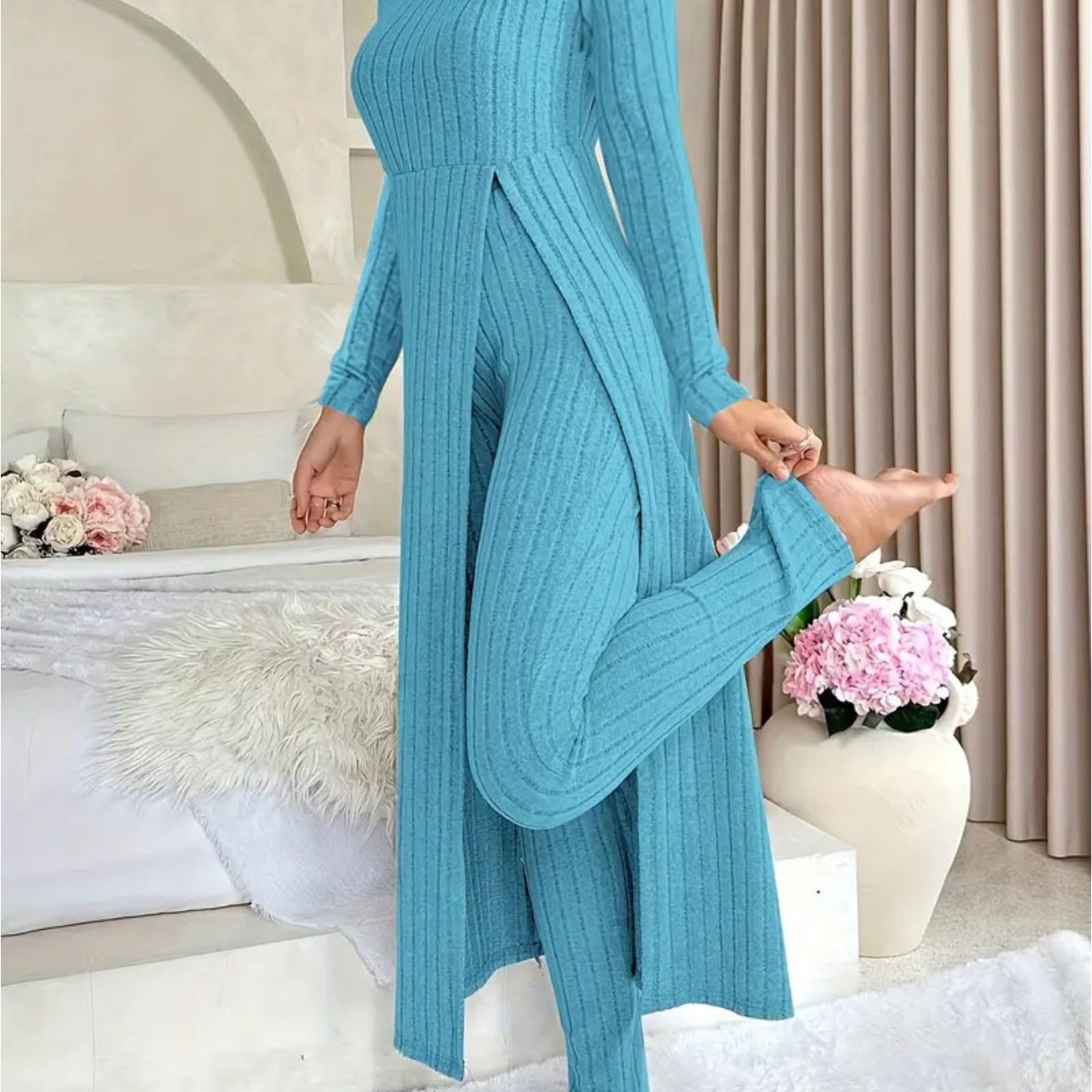 MORA QUIET Womens Fleece Two Piece Set Lounge Outfit With Wide Leg Pants