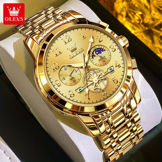 OLEVS Men's Luxury Quartz Watch Stainless Steel Moon Phase Chronograph