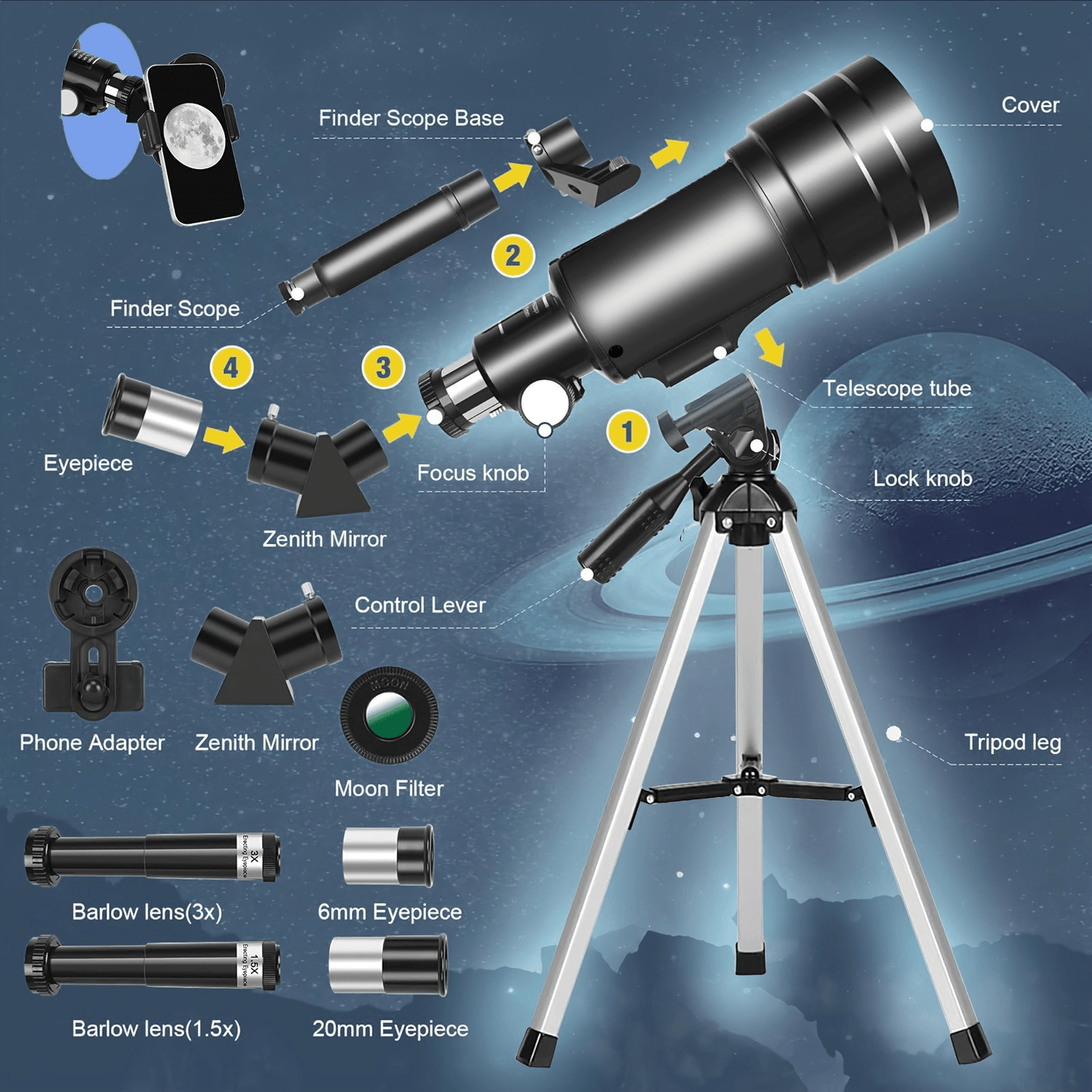 Portable Astronomical Telescope for Adults with Tripod Eyepiece and Barlow Lens