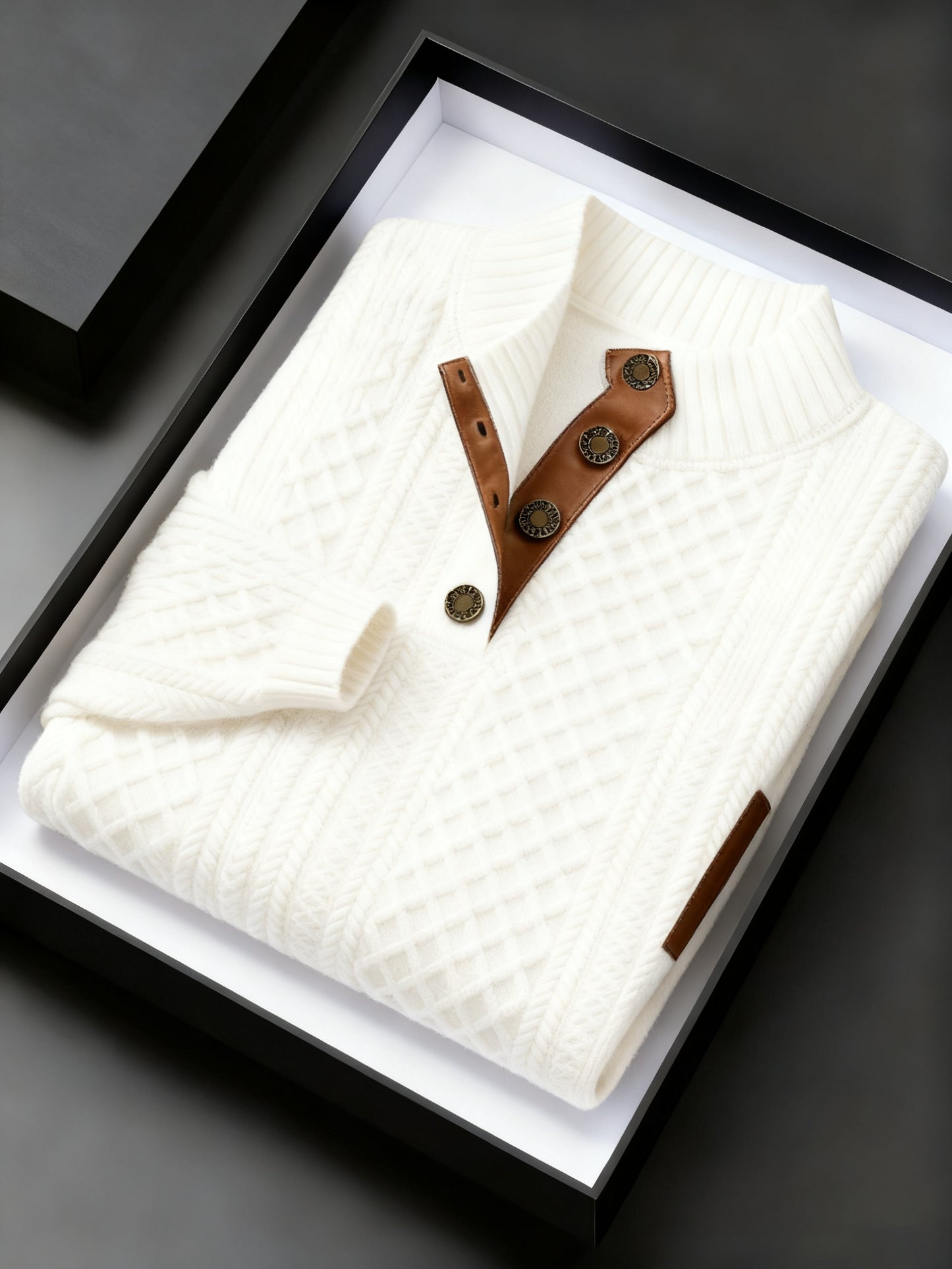 Men Jacquard Knit Stand Collar Sweater With Button Closure