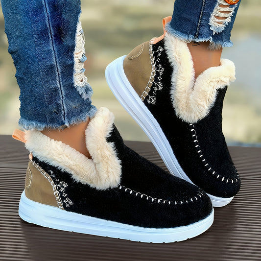 Comfortable Women's Slip-on Ankle Boots - with Fleece Lining, Round Toe Design, Flat Soft Sole, Thickened for Warmth, Essential for Winter, Women's Products From Local Warehouses. Women's Boots, Women Shoes