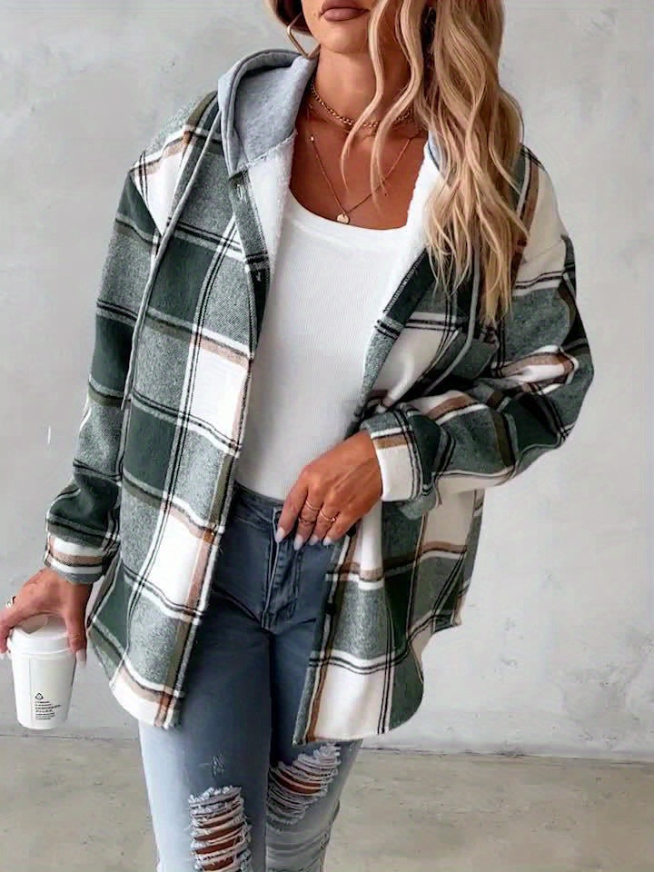 WCQ Women's Hooded Lined Retro Plaid Jacket Loose Fit Coat
