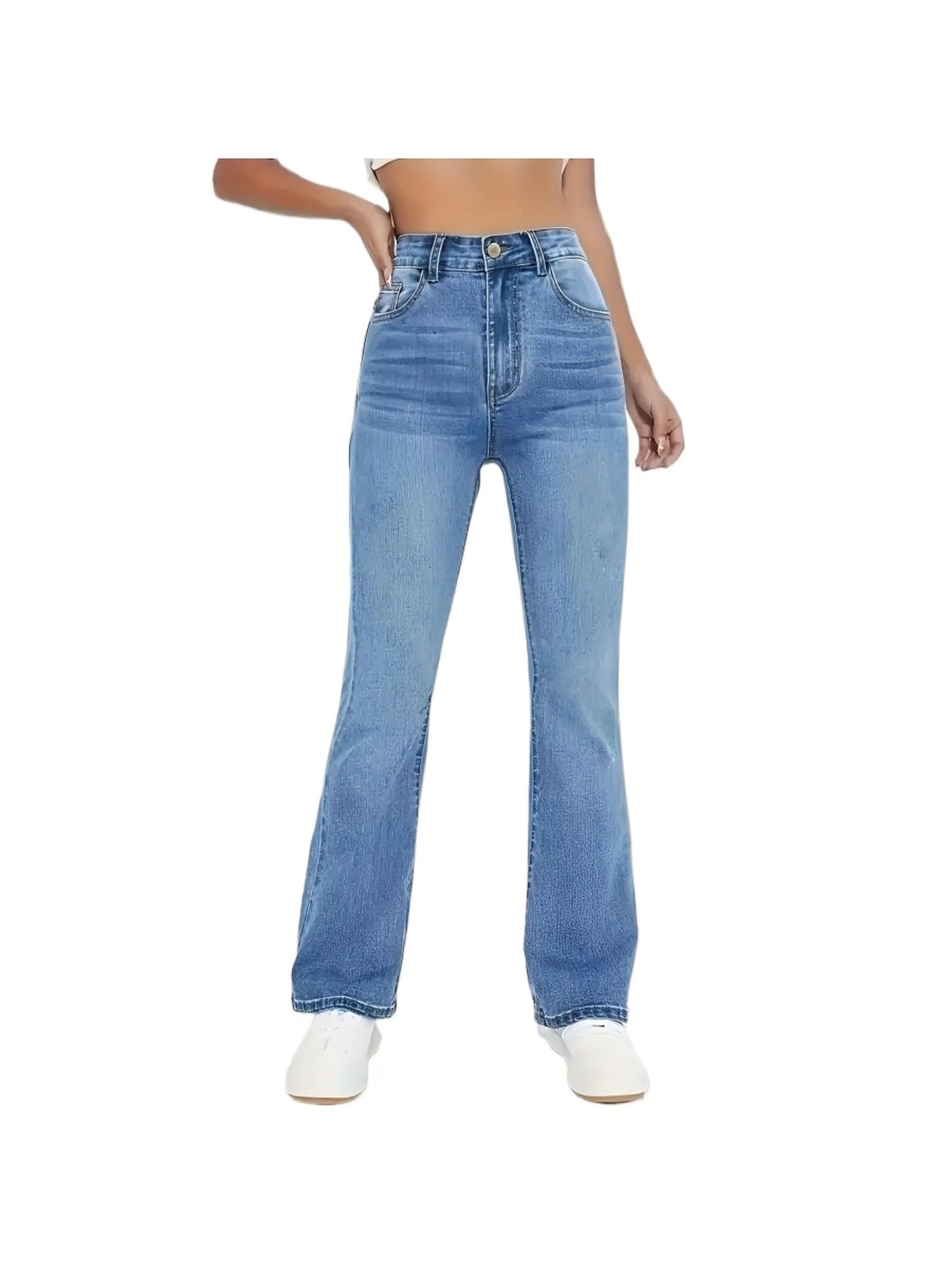 Women'S High-Waisted Stretch Flared Jeans | Tummy Control, Medium Stretch, Comfortable, Classic Blue Wash, Casual Office, All-season, Solid Color, Washed Detail