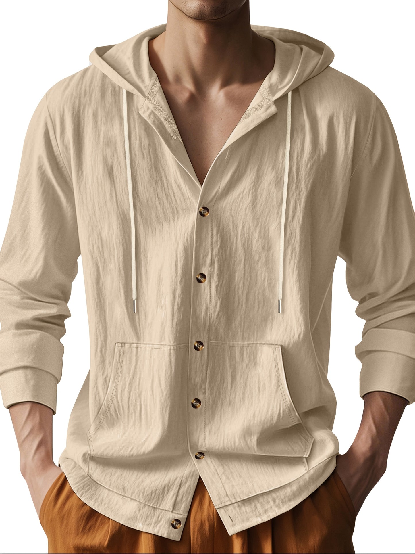 Mens Linen Hooded Shirt Casual Outdoor Everyday Wear
