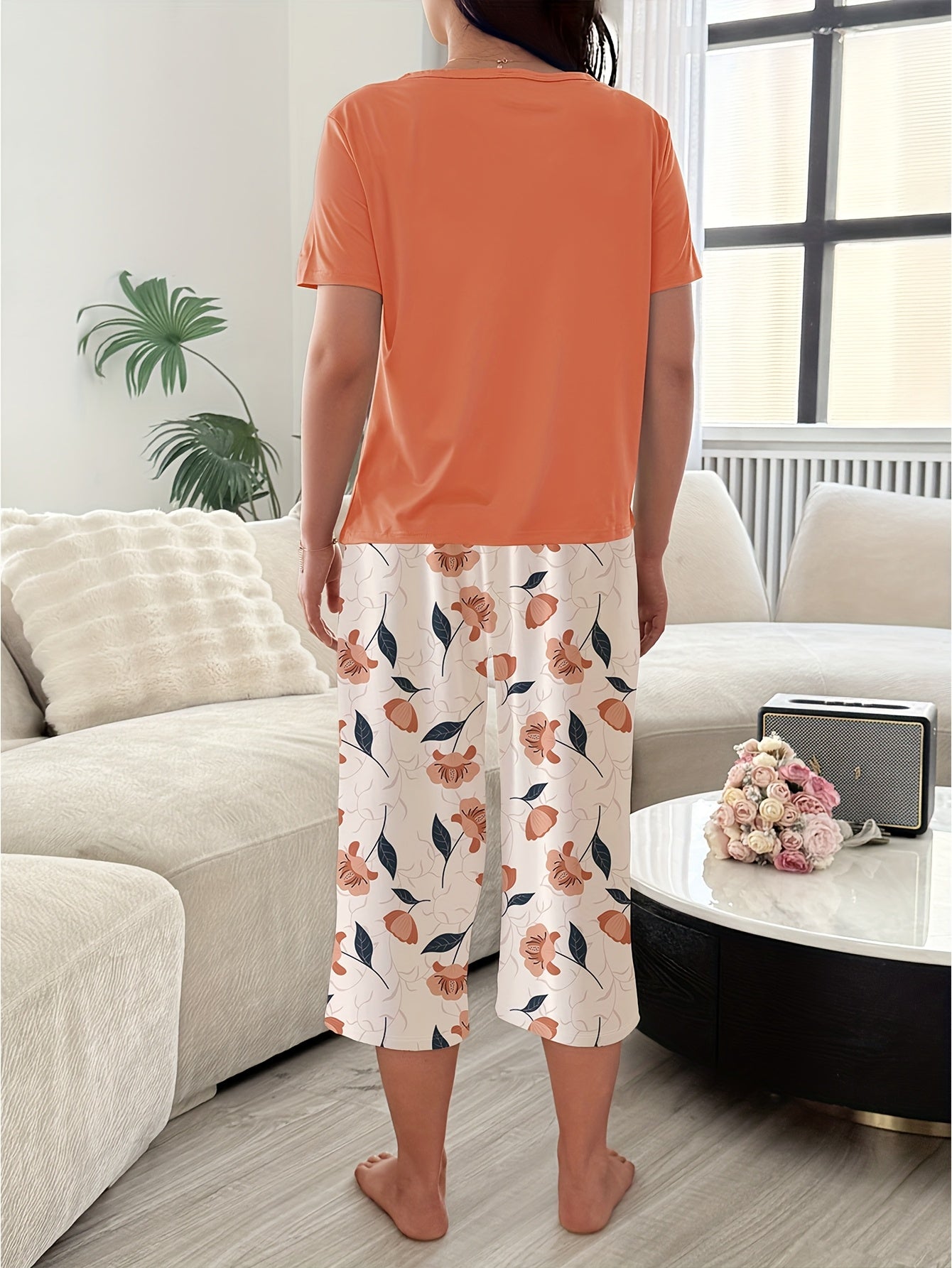 Chic Casual 3/4 Sleeve Floral Pajama Set for Women Plus Size